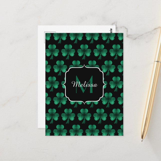 Postal Espuma verde esmeralda Shamrock negro Monograma (Anverso/Reverso In Situ)