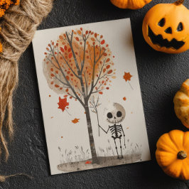 Postal Esqueleto acuarela con Halloween del árbol de otoñ