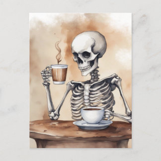 Postal Esqueleto acuático disfruta del café
