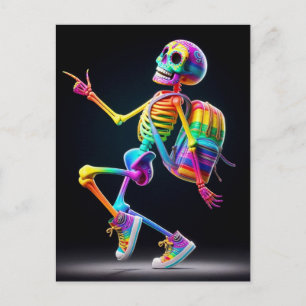 Postal Esqueleto bailarín en colores arcoiris