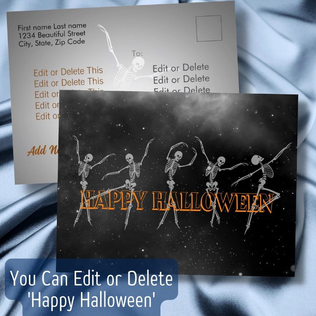 Postal Esqueleto bailarín Feliz Halloween blanco y negro (Subido por el creador)