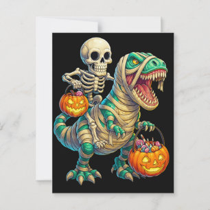 Postal Esqueleto Caprichoso Montando T-Rex Momia Hallowee