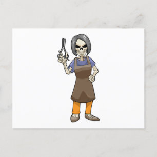 Postal Esqueleto como peluquero con tijeras
