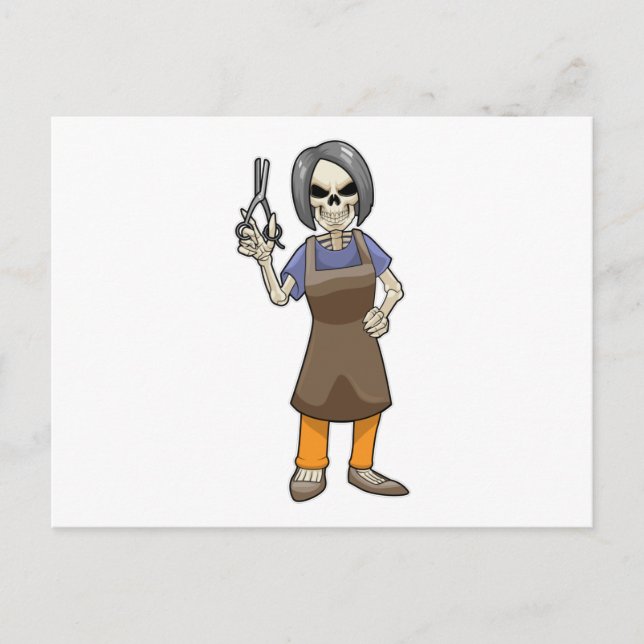 Postal Esqueleto como peluquero con tijeras (Anverso)