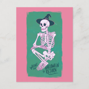 Postal Esqueleto de bruja esperando el regreso de Hallowe
