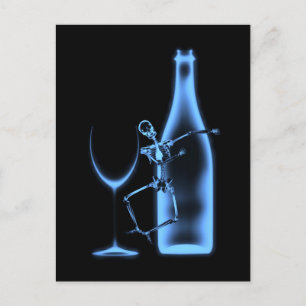 Postal Esqueleto de celebración de rayos X y vino - Azul