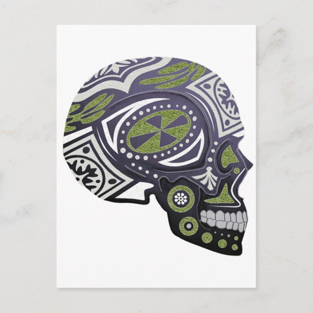 Postal Esqueleto de cráneo de azúcar verde púrpura (Anverso)