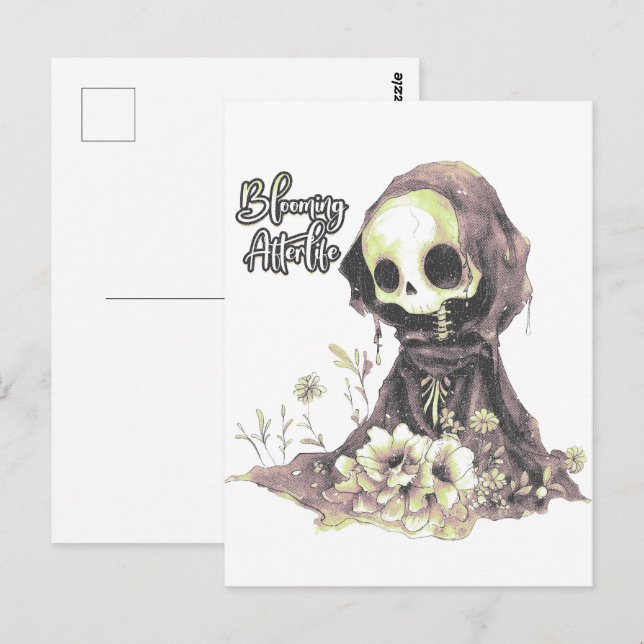 Postal Esqueleto de gótico de verano y flores (Anverso / Reverso)