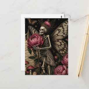 Postal Esqueleto de hada y flores de peonía