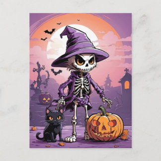 Postal esqueleto de Halloween con gato negro y calabaza