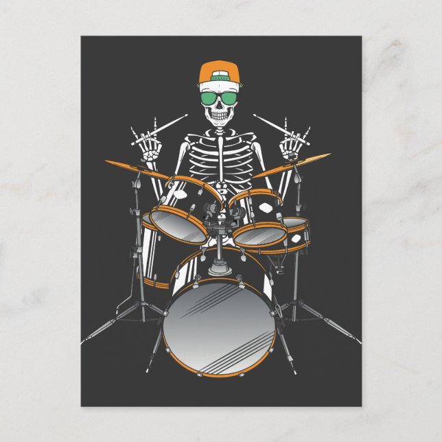 Postal Esqueleto de Halloween Mano de Rock Tocando Baterí (Anverso)