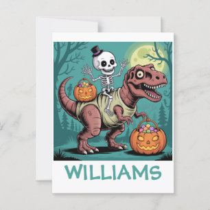 Postal Esqueleto de Halloween Personalizado Montando Dino