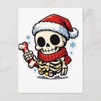Postal Esqueleto de Navidad lindo sosteniendo un bastón d