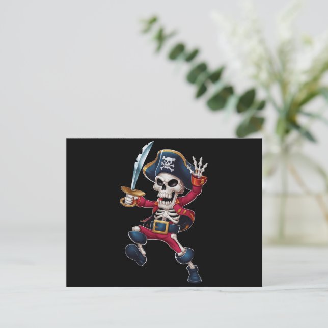 Postal Esqueleto de pirata haciendo dabbing Jolly Roger H (Anverso de pie)