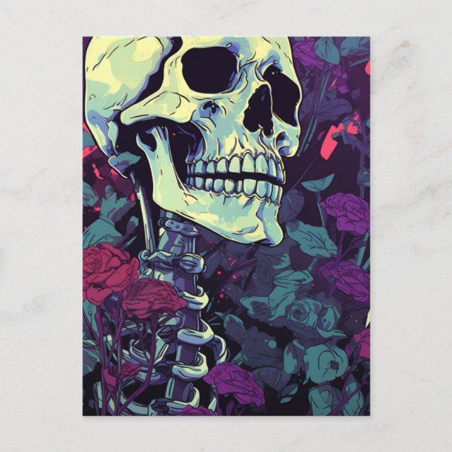 Postal Esqueleto en flores moradas (Anverso)