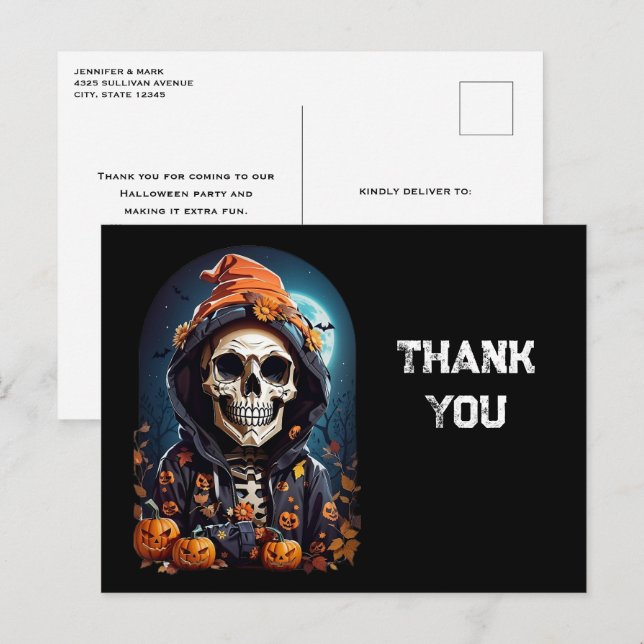 Postal Esqueleto espeluznante y calabazas de Halloween Gr (Anverso / Reverso)