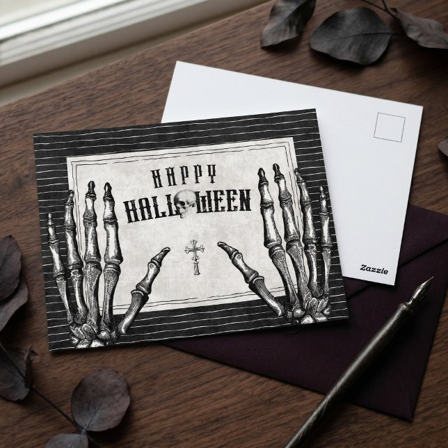 Postal Esqueleto gótico vintage Feliz Halloween (Vintage Gothic Skeleton Happy Halloween Postcard)