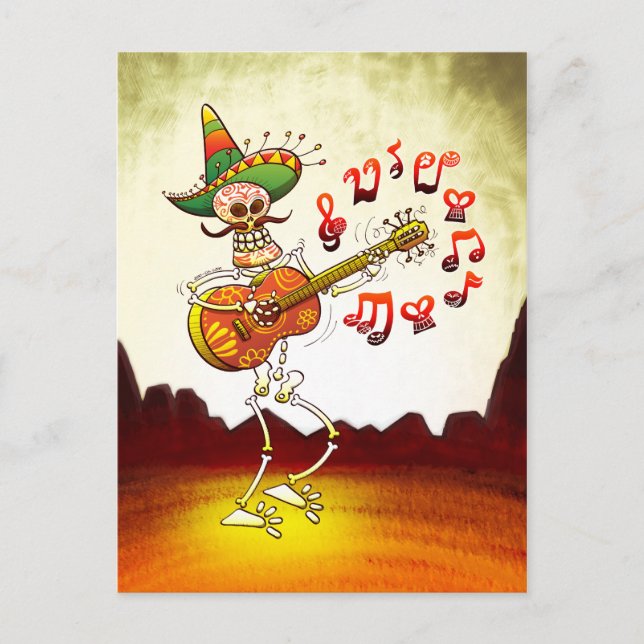 Postal Esqueleto Mexicano Tocando Guitarra (Anverso)