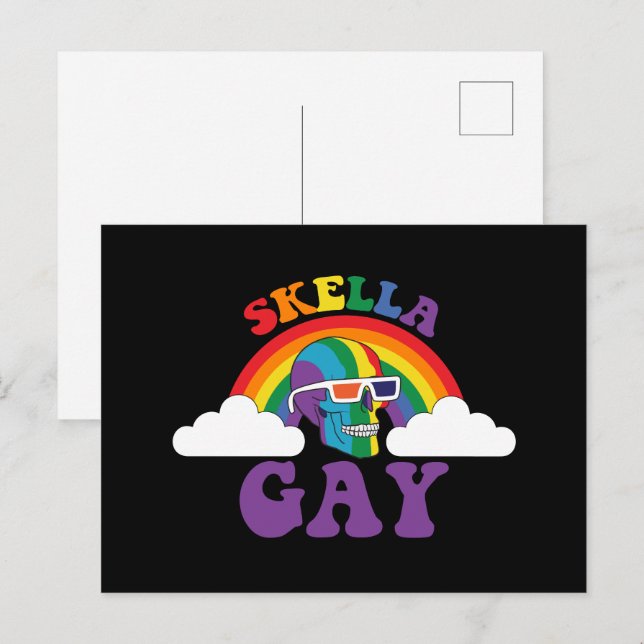 Postal Esqueleto Skella Gay Mes del Orgullo Arcoíris (Anverso / Reverso)