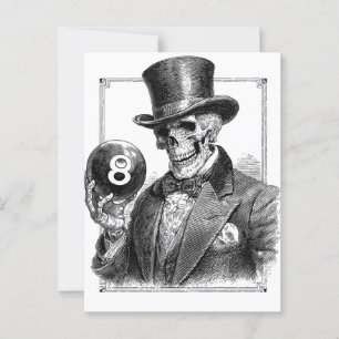 Postal Esqueleto vintage con sombrero superior y 8 bolas