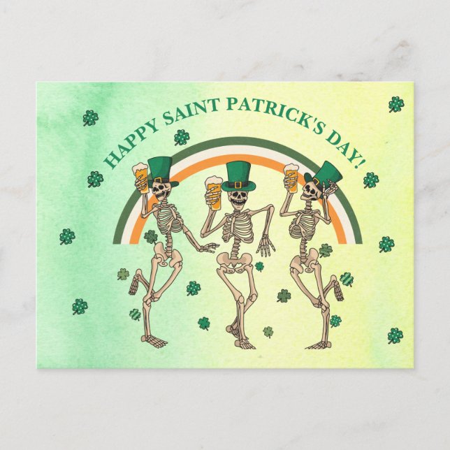Postal Esqueletos bailando feliz Día de San Patricio (Anverso)