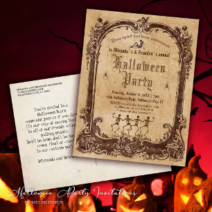 Postal Esqueletos Bailarines Fiesta de Halloween Vintage