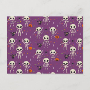 Postal Esqueletos Bonitos Patrón de Halloween Púrpura