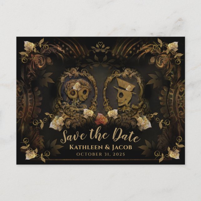 Postal Esqueletos Elegantes de Oro de Halloween Guardan F (Anverso)