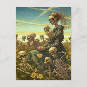 Postal Esqueletos en un prado de flores