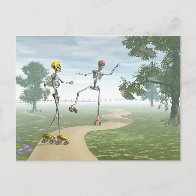 Postal Esqueletos sobre los patines para rodar (Anverso)