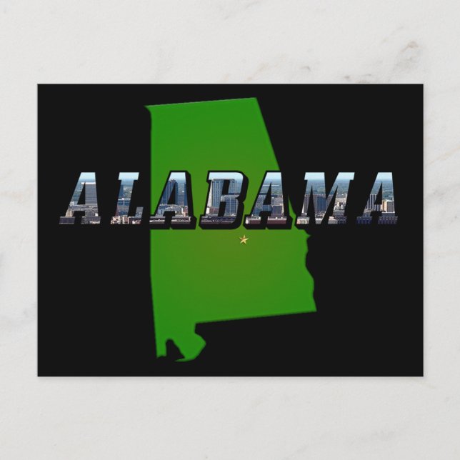 Postal Esquema del mapa y texto de la imagen de Alabama (Anverso)