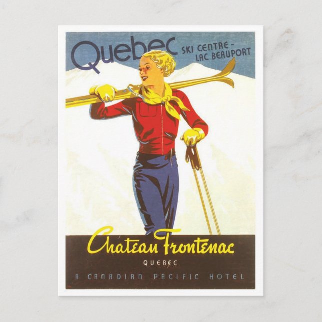 Postal Esquí de época Quebec Canadá Chateau Frontenac (Anverso)
