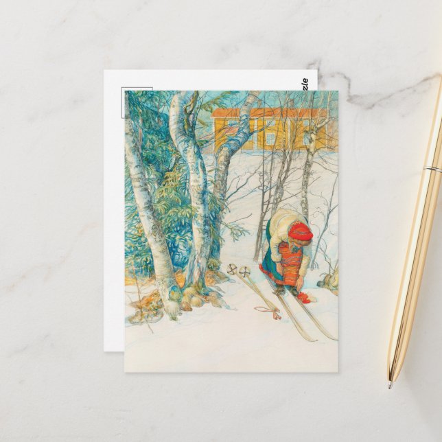 Postal Esquí de invierno por Carl Larsson (Anverso/Reverso In Situ)
