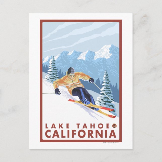 Postal Esquí de nieve cuesta abajo - Lago Tahoe, Californ (Anverso)