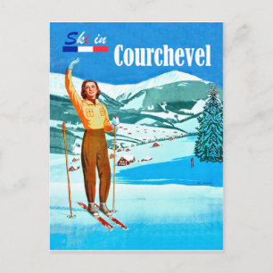 Postal Esquí en Courchevel, mujer en esquí, Francia
