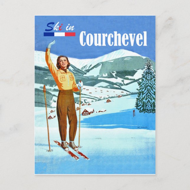 Postal Esquí en Courchevel, mujer en esquí, Francia (Anverso)