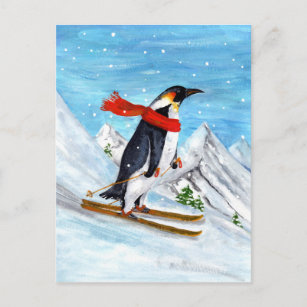 Postal Esquí Penguin de estilo vintage