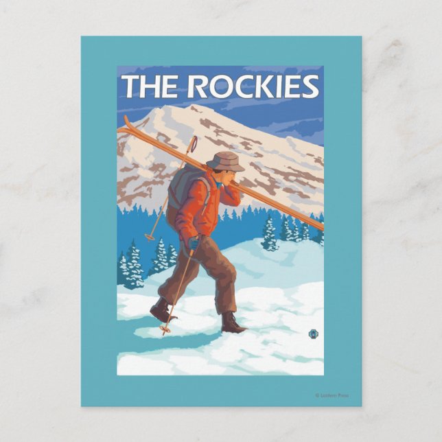 Postal Esquiador con esquís de nieve - Las Rockies (Anverso)