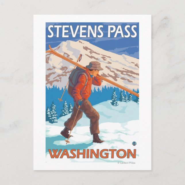Postal Esquiador con esquís de nieve - Paso Stevens, WA (Anverso)