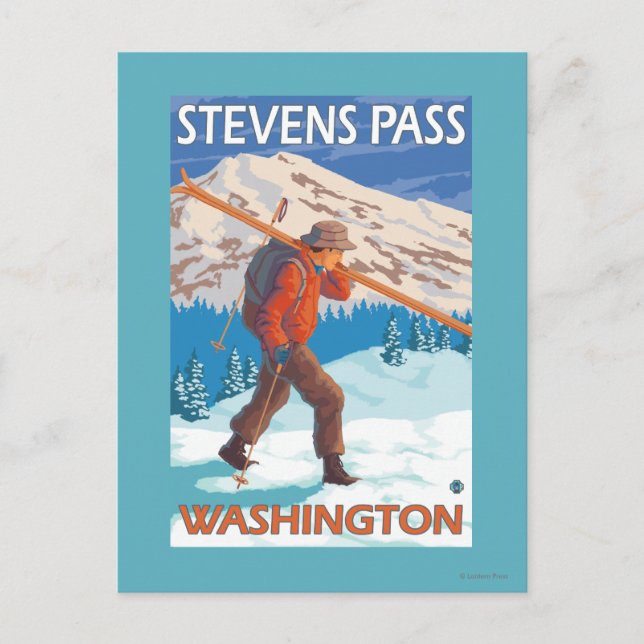 Postal Esquiador con esquís de nieve - Paso Stevens, WA (Anverso)
