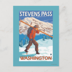 Postal Esquiador con esquís de nieve - Paso Stevens, WA