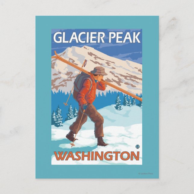 Postal Esquiador con esquís de nieve - pico glaciar, WA (Anverso)