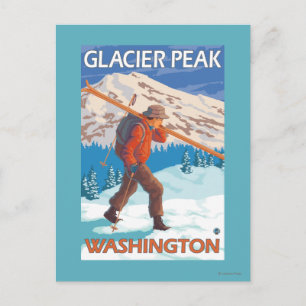 Postal Esquiador con esquís de nieve - pico glaciar, WA