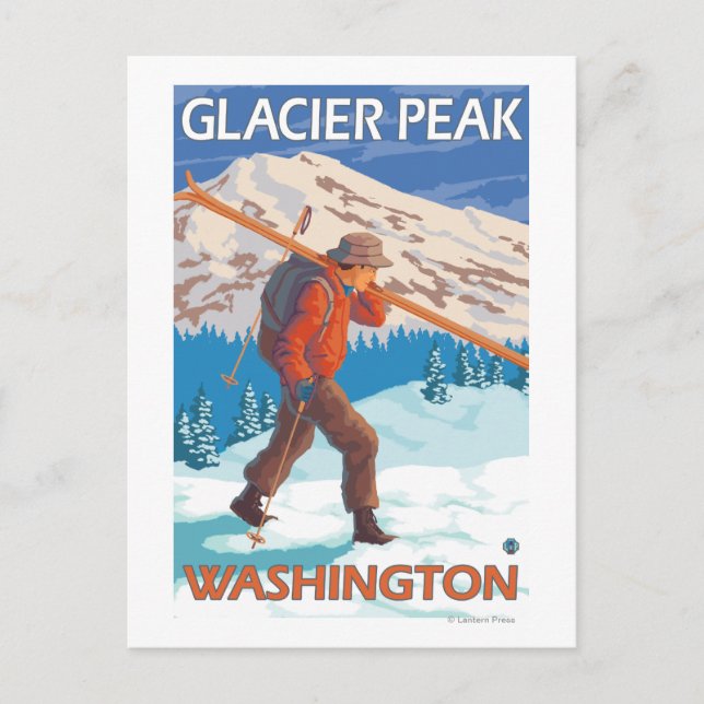 Postal Esquiador con esquís de nieve - pico glaciar, WA (Anverso)