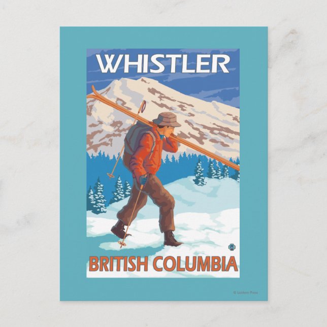 Postal Esquiador con esquís de nieve - Silbador, BC Canad (Anverso)