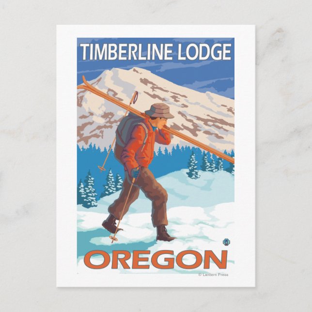 Postal Esquiador con esquís de nieve - Timberline Lodge, (Anverso)