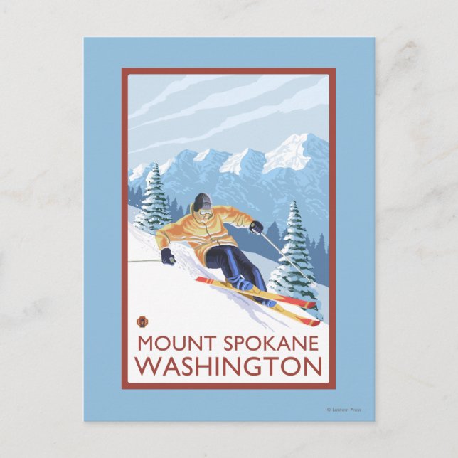 Postal Esquiador de nieve cuesta abajo - Monte Spokane, (Anverso)