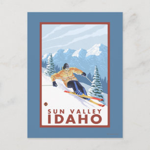 Postal Esquiador de nieve cuesta abajo - Sun Valley, Idah