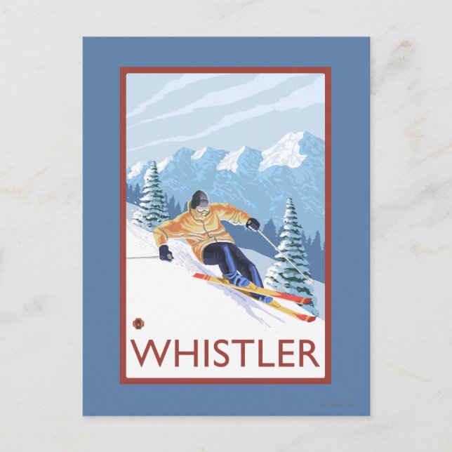 Postal Esquiador de nieve cuesta abajo - Whistler, BC Can (Anverso)