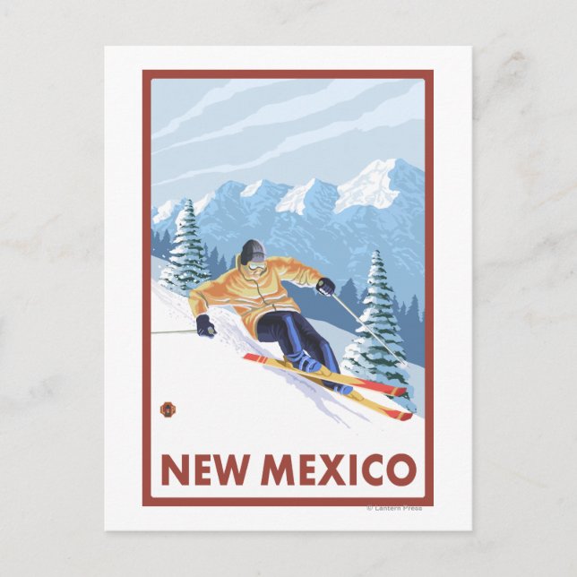Postal Esquiador de nieve cuesta abajoNuevo México (Anverso)